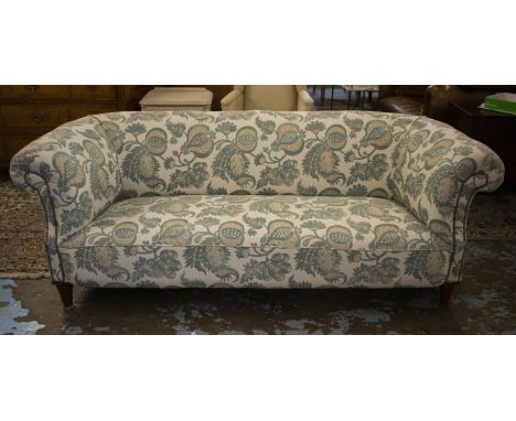 CHESTERFIELD SOFA, 72cm H x 206cm x 89cm, 19th century in white and blue foliate upholstery. 