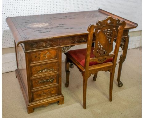 GABRIEL VIARDOT FRENCH JAPONISME STAINED BEECH DESK AND CHAIR, both pieces signed, late 19th century, with incised low relief