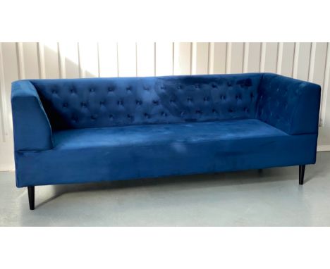 SOFA, 218cm W, four seater, Royal Blue velvet upholstered, with buttoned back and arms and tapering supports. 