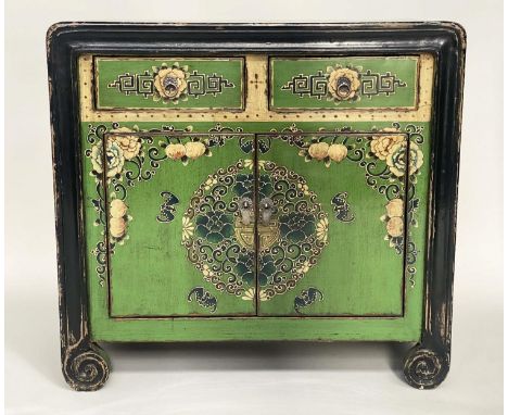 CHINESE SIDE CABINET, early 20th century green lacquered and gilt Chinoiserie decorated with two drawers and two doors enclos