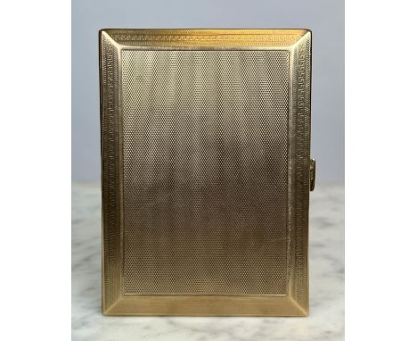 9ct GOLD CIGARETTE CASE, rectangular form, canted corners with green key border and engine turned panels, William Neale and S