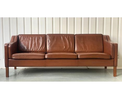 SOFA, 214cm W, Danish, three seater, mid brown leather, with teak supports. 