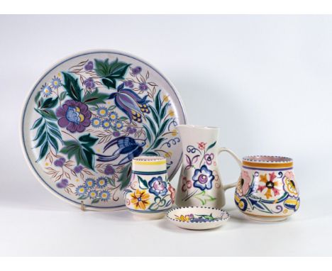 Poole pottery large wall charger decorated with a bird and flowers together with two small vases, jug and pin dish (5) 