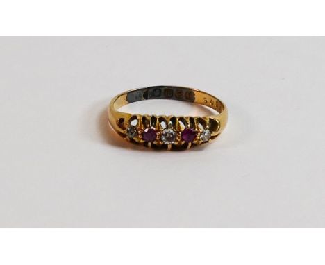18ct gold ring set with diamond &amp; rubies,size J, 2.1g. 