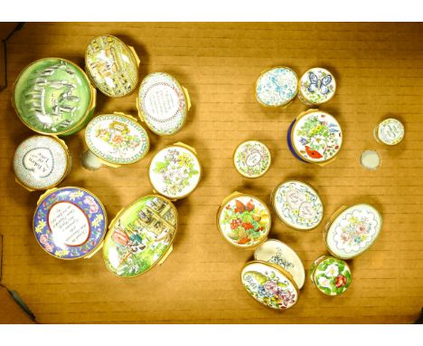 A collection of Halcyon Days Enamels , to include limited edition stone henge box, the Vauxhall gardens, floral designs etc (