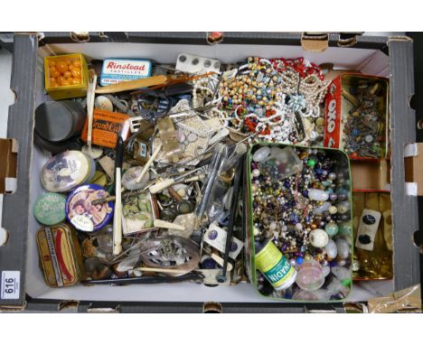 A mixed collection to include Advertising tins, vintage buttons, necklaces, beads etc 