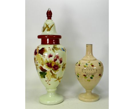 Victorian Hand  Decorated Glass Vase &amp; Cover together with similar item, tallest 45cm 