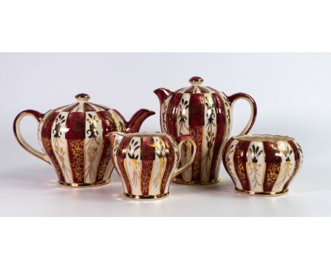 Sudlow Burslem red and gilded teapot, coffee pot, milk jug and sugar bowl (4) 