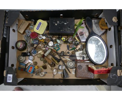 A mixed collection of vintage items to include  hand mirror , cufflinks, prescription glasses, badges, Silver Whiskey Bottle 