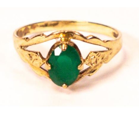 Emerald or similar green stone yellow gold ring, hallmarked obscured but 9ct gold or better.  Ring size M, weight 1.6g. 