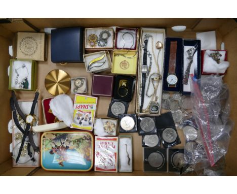 A collection of vintage costume jewellery, coins, watches, playing cards etc 