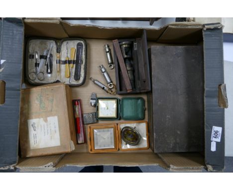 A mixed collection of items to include vintage Whistles, Cased 19th Century Student Microscope, Boxed View master , travel cl