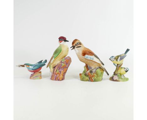 Royal Worcester Matt Larger Wild Bird figures including Woodpecker, Jay, Kingfisher &amp; Blue Tits(4) 