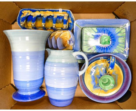 A collection of Blue Shelley Pottery Harmony Ware to include Vase, Jug, Butter Dish, Toast Rack, damaged candlestick etc , ta