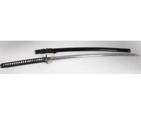 A 20thC Japanese samurai sword and black lacquer scabbard,  with turned material hanger and pierced material handle with elab