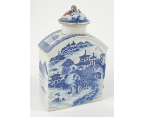 A 19thC Chinese porcelain tea caddy, with cover, painted with figures and pagodas in landscape, 13cm high