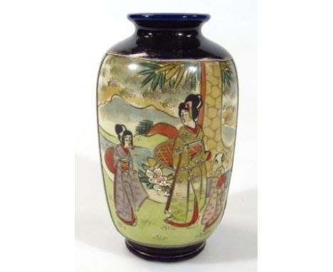 A Japanese late Meiji period satsuma vase, the shouldered body decorated with panels of geisha before flowers and mountains, 