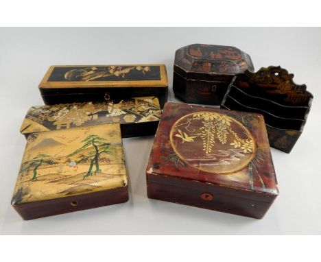 Japanese lacquer ware, including tea caddy, glove boxes, letter rack, etc. (6)