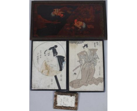 An early 20thC Japanese black lacquer wall hanging, decorated with chickens, on a naturalistic ground, predominantly in black