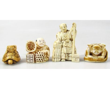 An early 20thC ivory netsuke, formed as a crouched gentleman holding basket, possibly mammoth ivory, signed beneath, 5cm high