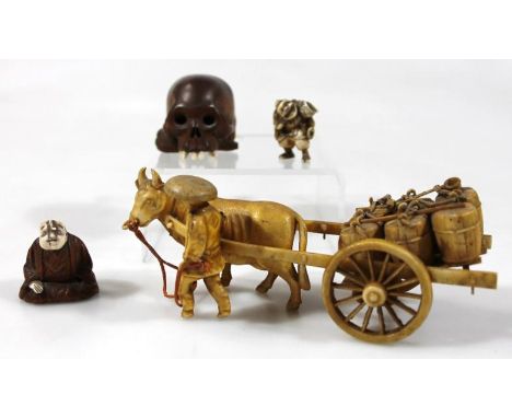 A figure group of oxen pulling cart with barrels, probably early 20thC, 14cm wide, a Japanese Meiji period netsuke with noddi
