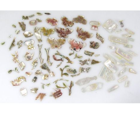 Various 19thC and other mother-of-pearl gaming counters, fish counter with highlighted scales, 5cm wide, various other part c