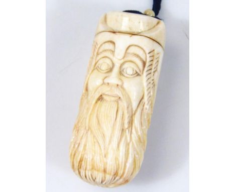 A Japanese sake bottle netsuke, formed as a bearded gentleman with removable lid, partially strung in (later) blue velvet, th