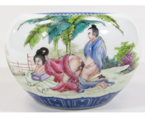 A Chinese porcelain erotic and documented bowl, Qianlong seal mark beneath, of circular compressed outline, polychrome decora