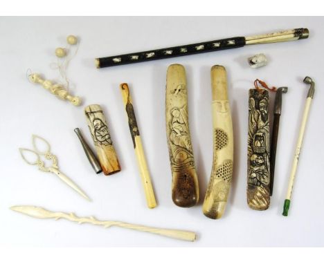 Various late 19thC bone, ivory etc., to include chopstick holder with chopsticks, 40cm high, carved cases, darning implement,