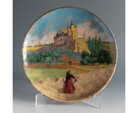 DANIEL ZULOAGA BONETA (Madrid, 1852 - Segovia, 1921).Town. Regionalist Series.Dish in red clay with painted enamels.Signed in