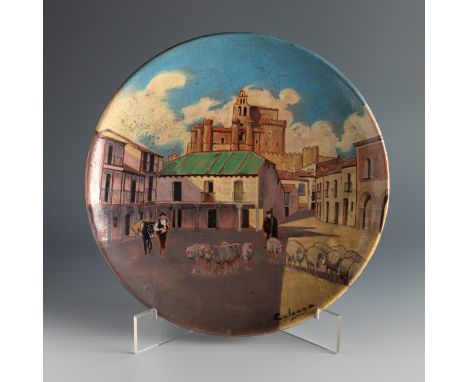 DANIEL ZULOAGA BONETA (Madrid, 1852 - Segovia, 1921).Town. Regionalist Series.Dish in red clay with painted enamels.Signed in