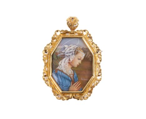  A 20th century 18ct gold and pearl miniature portrait of the praying Madonna. The miniature with silver and white stone deta