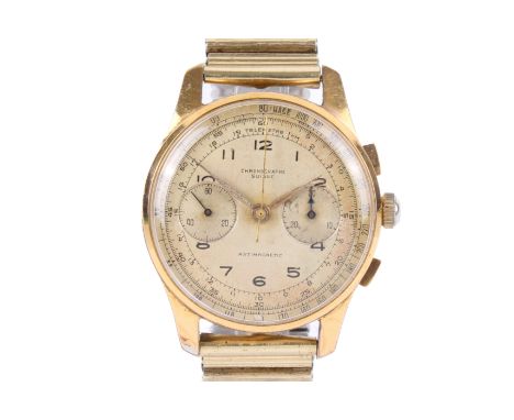 A vintage Chronographe Suisse gentleman's wristwatch. The gilt face with black Arabic numerals, two subsidiary dials. Case ma
