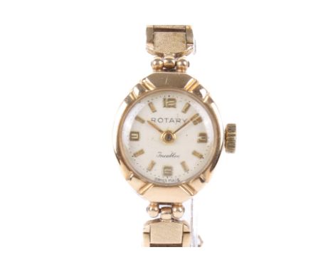 A ladies vintage Rotary Incabloc 9ct gold rotary wristwatch. With gilt markers and hands, marked 375 to the case and clasp. G