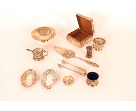 A silver cigarette case; a circular silver bowl with line decoration; various silver cruet items; a pair of pin dishes; a con