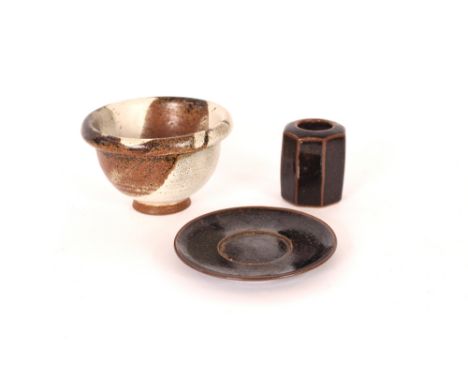 A Japanese Studio pottery brush washer on stand, in Tenmoku glaze, signed in the style of Bernard Leach, 8cm high; and a Japa