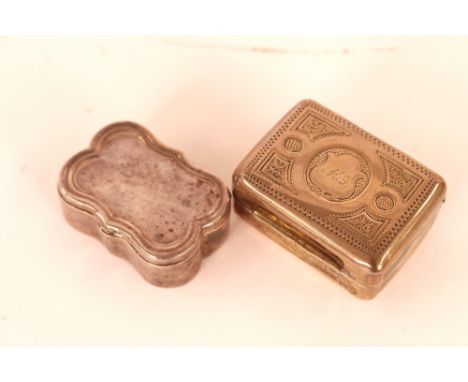 A small silver hinged box and cover, with gilded interior; and a white metal vinaigrette