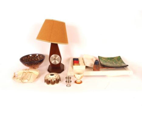 A plastic bed tray; a vintage boxed set of six shaving brushes; table lamp; a push button telephone etc.