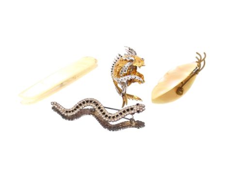 A yellow metal and marquisette fish brooch; a mother of pearl leaf brooch; a paste set snake brooch etc.