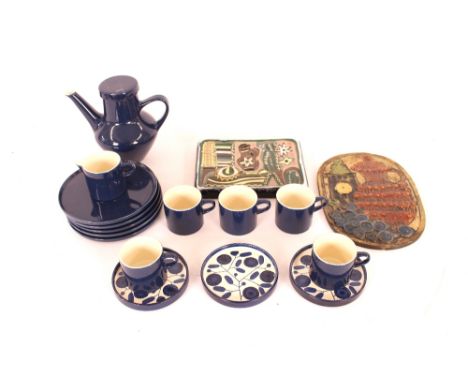 A vintage Mellita blue coffee set; and two continental pottery wall plaques