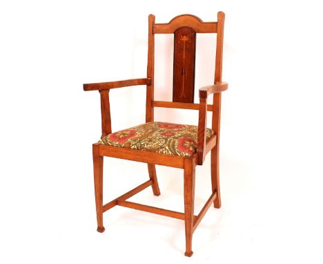 An early 20th Century light oak and inlaid elbow chair in the Arts &amp; Crafts style 