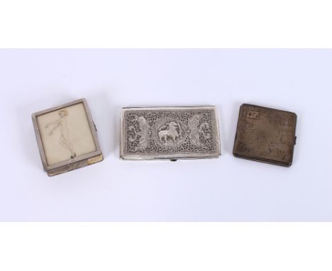 A small silver Art Deco cigarette case, with engine turned decoration; and an oriental white metal cigarette case