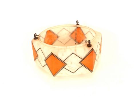 An Art Deco mottled glass hanging light shade, with orange stylised decoration, 35cm dia. x 18cm high overall