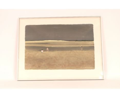 20th Century school, pencil signed coloured print of figures bathing in the sea, limited edition 70/150, 43cm x 65cm