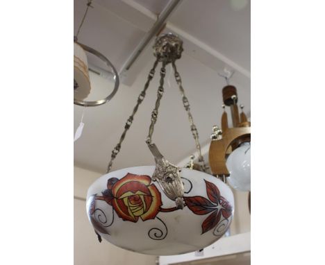 A French Art Nouveau design silvered pendant light fitting, with painted floral glass shade