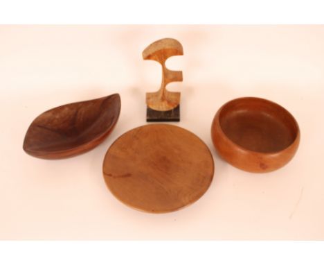 Three mid-20th Century vintage wooden bowls; together with a part sculpture by John Spielman