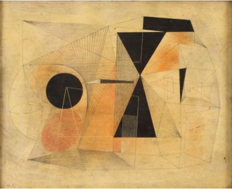 Clarke Hutton, painted abstract study,"Inverted Triangles", dated 1967, 31cm x 35cm overall including mount
