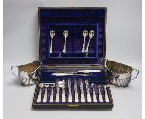 Six pairs of silver plated and engraved dessert knives and forks, with server, mother of pearl handles and six teaspoons (cas