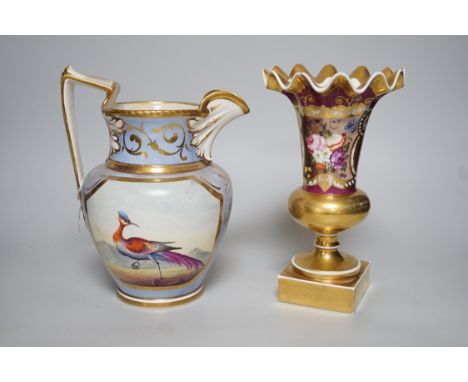 An H &amp; R Daniel jug decorated with exotic birds 22cms high and a floral decorated trumpet vase, pattern no. 1040, 22cm