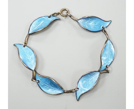 A 20th century Norwegian 925 sterling and blue enamel set leaf bracelet, by David Andersen, 16.5cm.